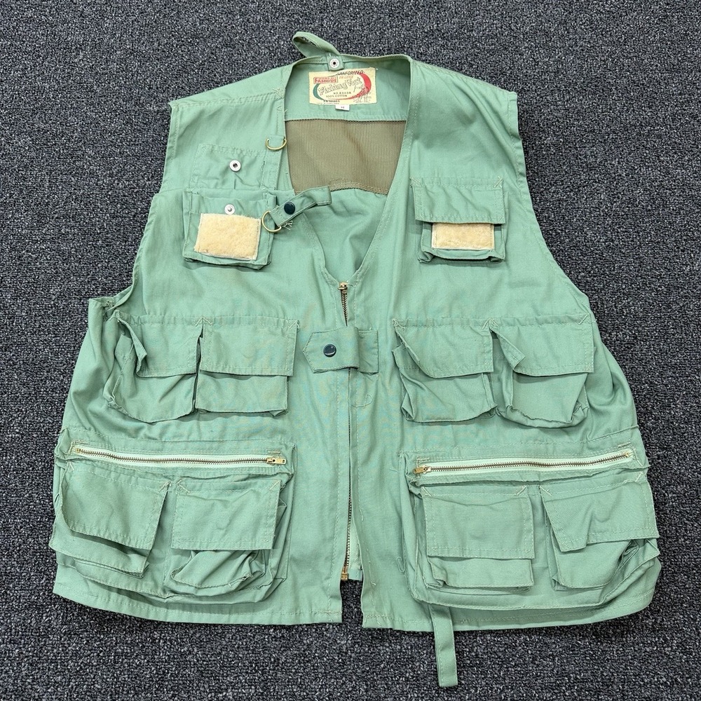 Vintage 70's WORLD FAMOUS Deluxe Fishing Vest 6303 Men's Medium Green Sanforized